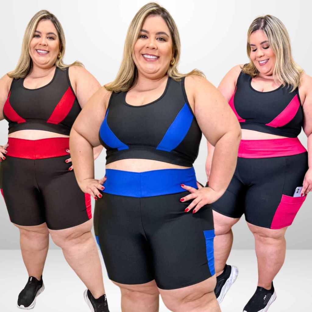 Conjunto academia PLUS SIZE top short com bolso fitness CURVE em Oferta na Shopee