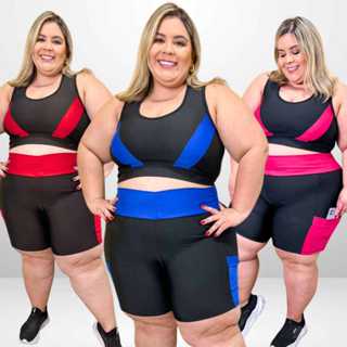 Conjunto academia PLUS SIZE top short com bolso fitness CURVE em Oferta na Shopee