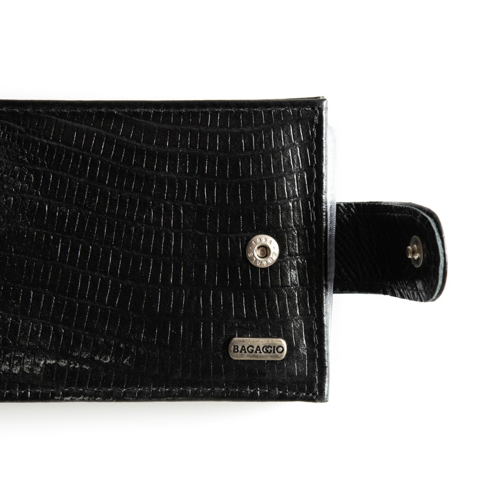 Detalhes do Carteira Masculina de Couro com Fecho em Botão Lezard Preta