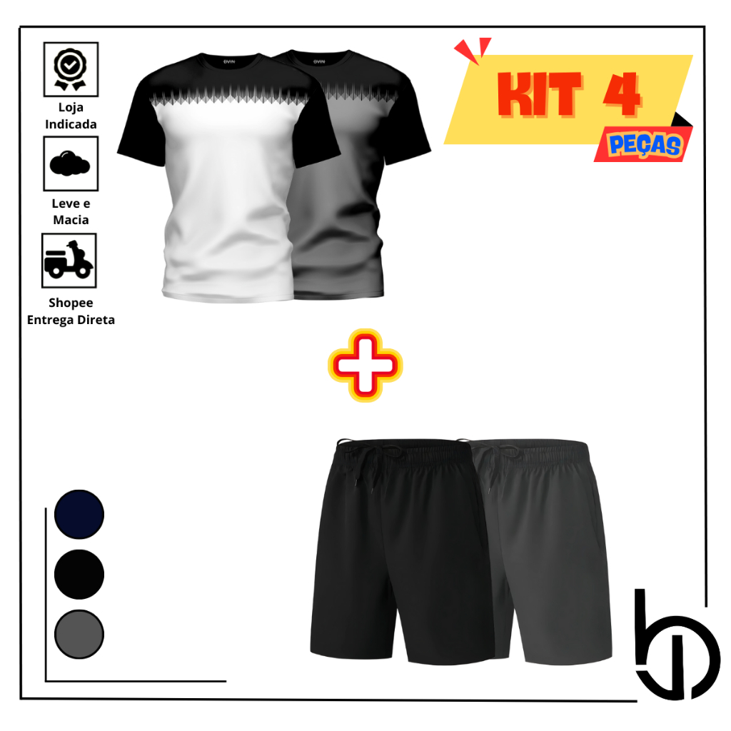 Kit 4 Peças 2 Camisetas Estampada e 2 Shorts Tactel Masculino Look Casual Confortável e Moderno