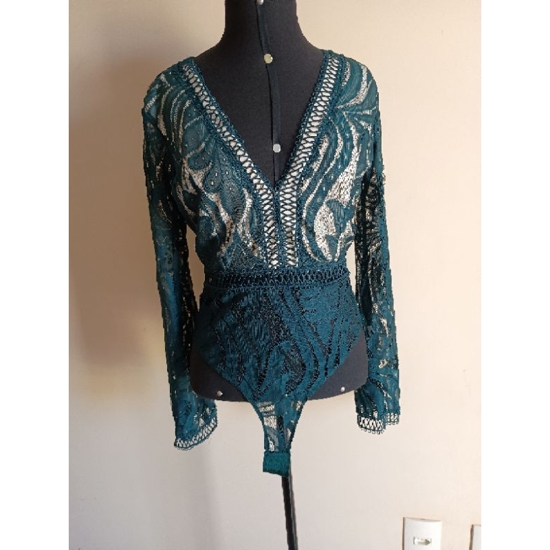 BRECHO body renda verde M manga flare