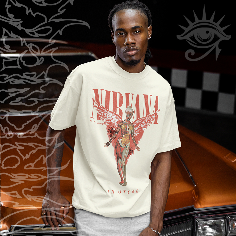 Camiseta Basica e OVERSIZED Nirvana In Utero Graphic Vintage Angel Unissex - Darknezz