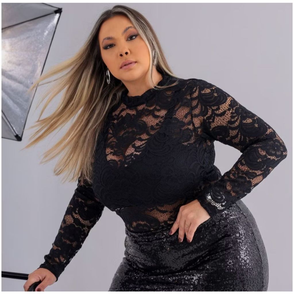 Body Plus Size em Renda Manga Longa em Oferta na Shopee