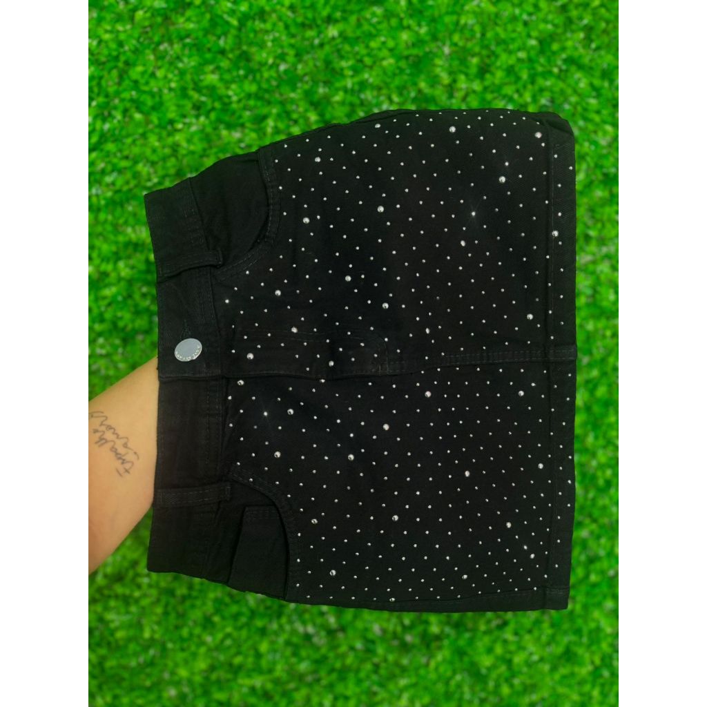 Saia Jeans Feminina Cintura Alta Preta Com Detalhes De Strass e Barra | 100% Algodão - Sem Elastano em Oferta na Shopee