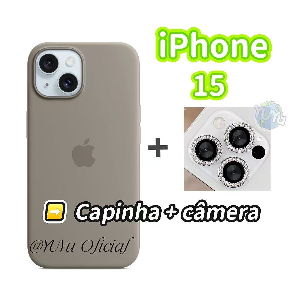 Kit Películas Lente Câmera Brilhante Com Capa Case Silicone Aveludado iPhone 15