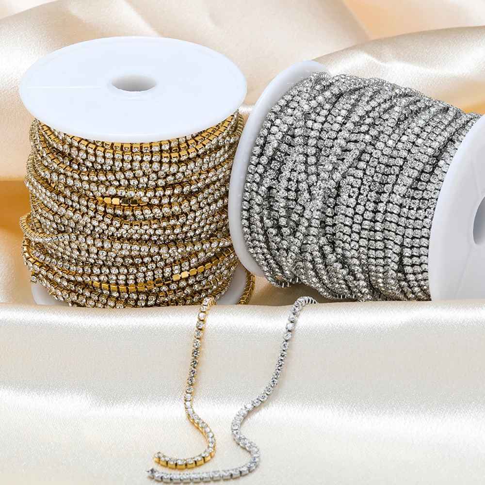 Corrente De Strass 10 Metros Cores Prata/Dourado SS 6,5/8,5/10/12/14 em Oferta na Shopee