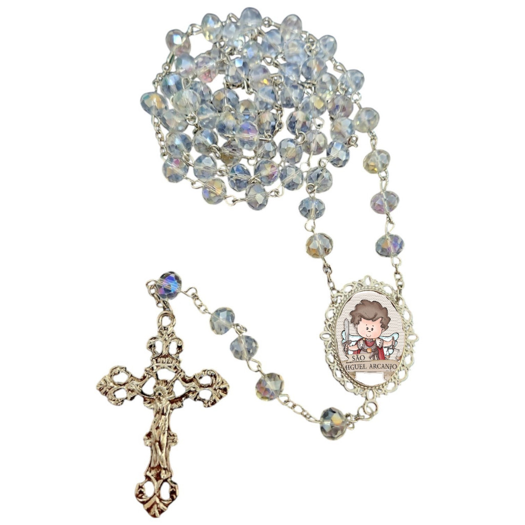Terço luxo cristal linha infantil arcanjos nossa senhora jesus são miguel gabriel rafael Aparecida graças papa santa luz
