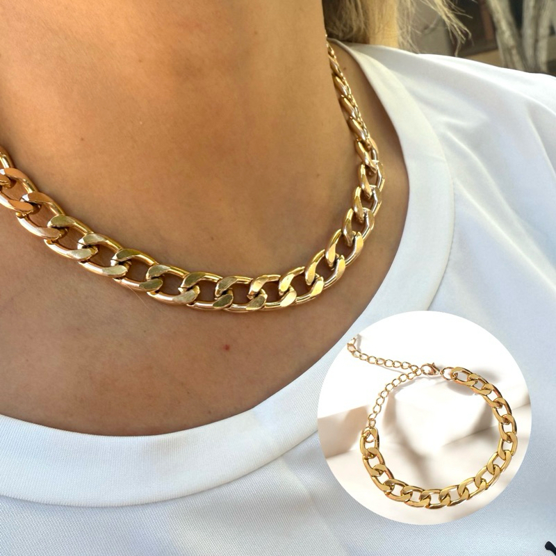 1 Colar Elo Corrente Gargantilha Feminina e 1 Brinco Folheado a Ouro Bijuteria Elegante Sofisticado