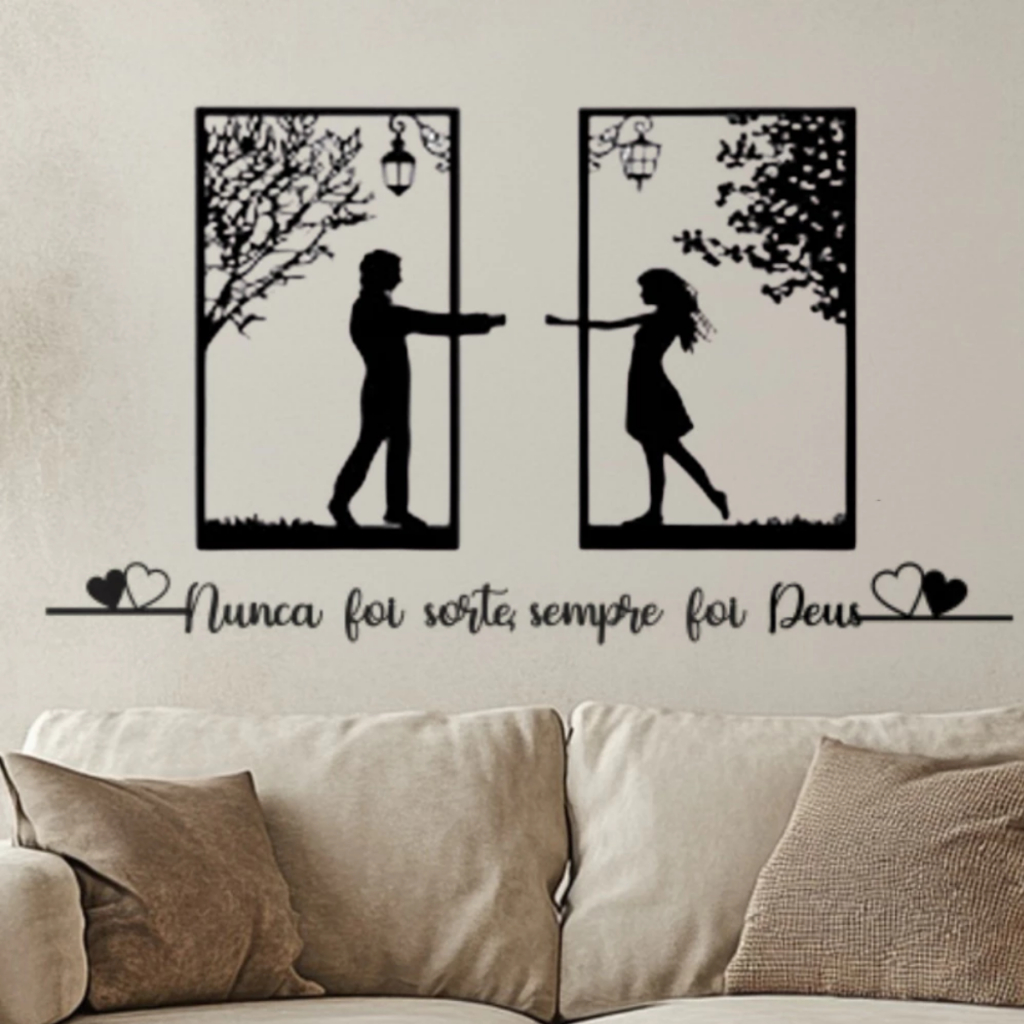 Painel casal + frase Nunca foi sorte sempre foi Deus + corações - mdf 3mm preto em Oferta na Shopee