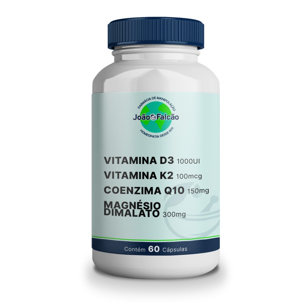 Complexo de Vitaminas - D3 1000Ui - K2 100mcg - Coenzima Q10 150mg - Magnésio Dimalato 300mg - 60 caps