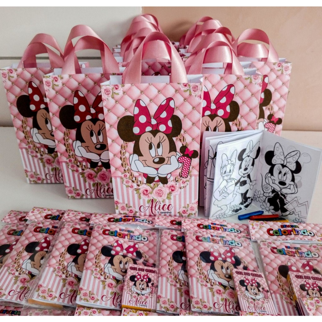 Kit 50 Itens: 25 Kit Colorir + 25 Sacolinhas Luxo,  Minnie Rosa, Personalizado| Lembrancinhas Aniversário.