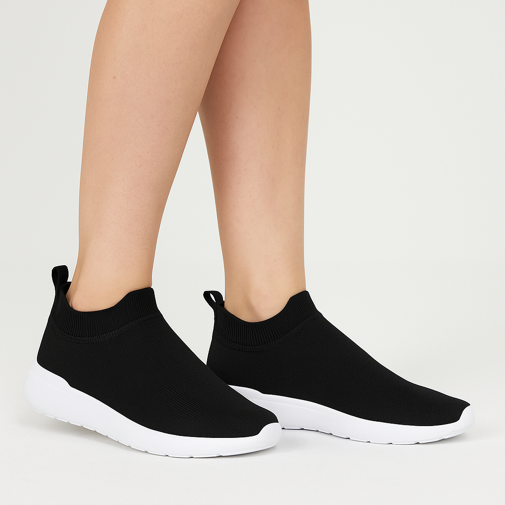 Tênis Feminino Preto Tipo Meia Sem Cadarço Confortável Caminhada Academia Trabalho Casual Leve