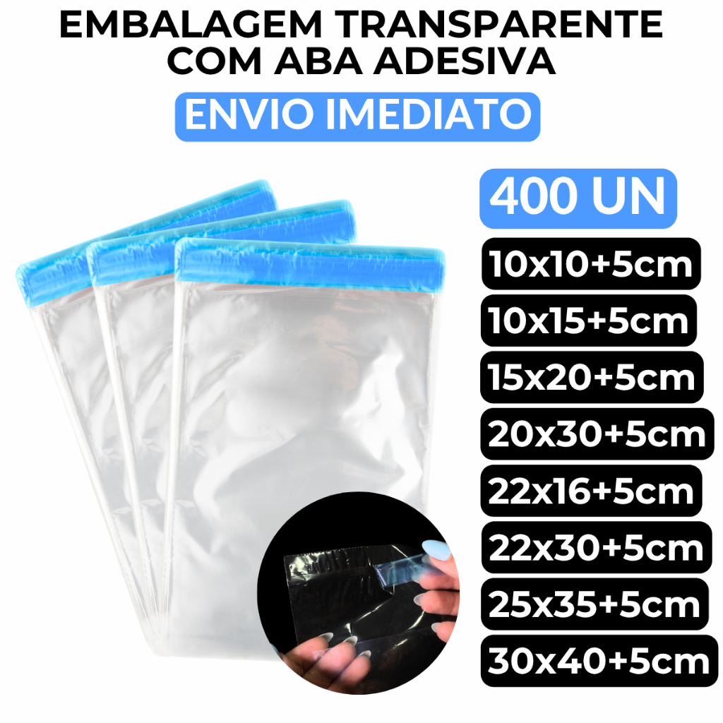 400un Saquinho Transparente Adesivado Embalagem Plástica C/ Aba Resistente 20x30/25x35/30x40 em Oferta na Shopee