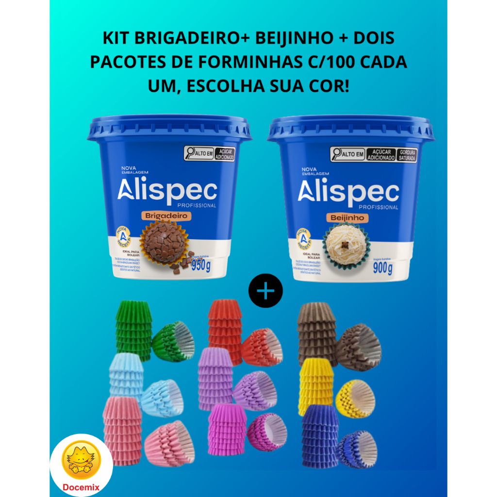 Kit Brigadeiro 950g E Beijinho 900g Alispec + 2 pacotes de forminhas para doces C/100 uni cada -REGINA ESCOLHA SUA COR!