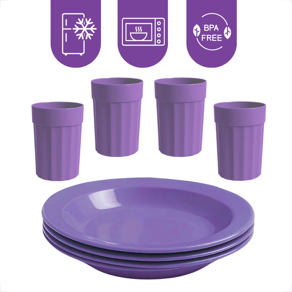 Kit 4un Pratos e 4un Copos 350ml Ideal para Festas Piquenique e Dia a Dia