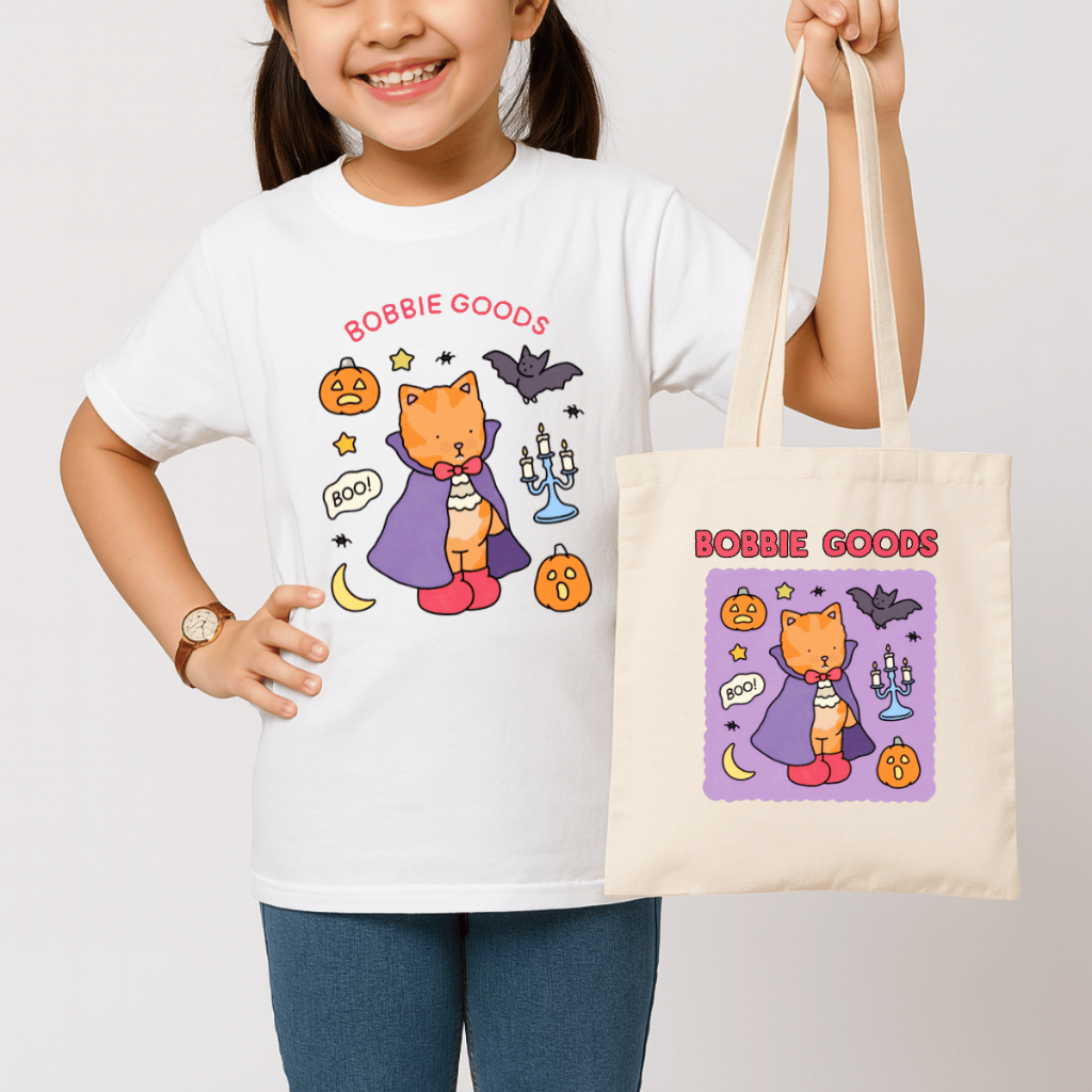 Kit Camiseta Infantil + Ecobag Estampada Bobiie Goods Gatinho Vampiro Em Algodão Tendência Livro De Colorir