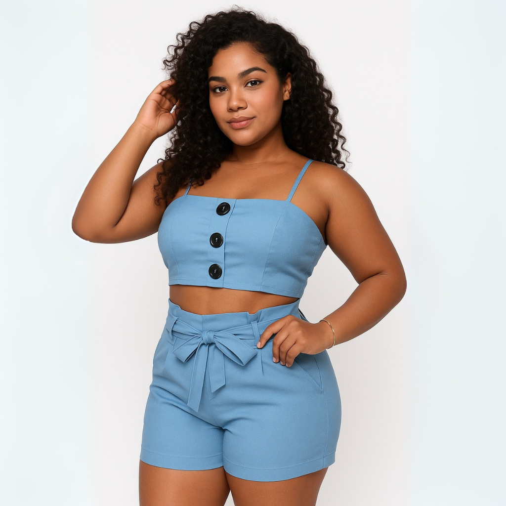 Conjunto Feminino Blusa Cropped e Short Curto Cinto Laço Regulável Elegante Bengaline Verã...