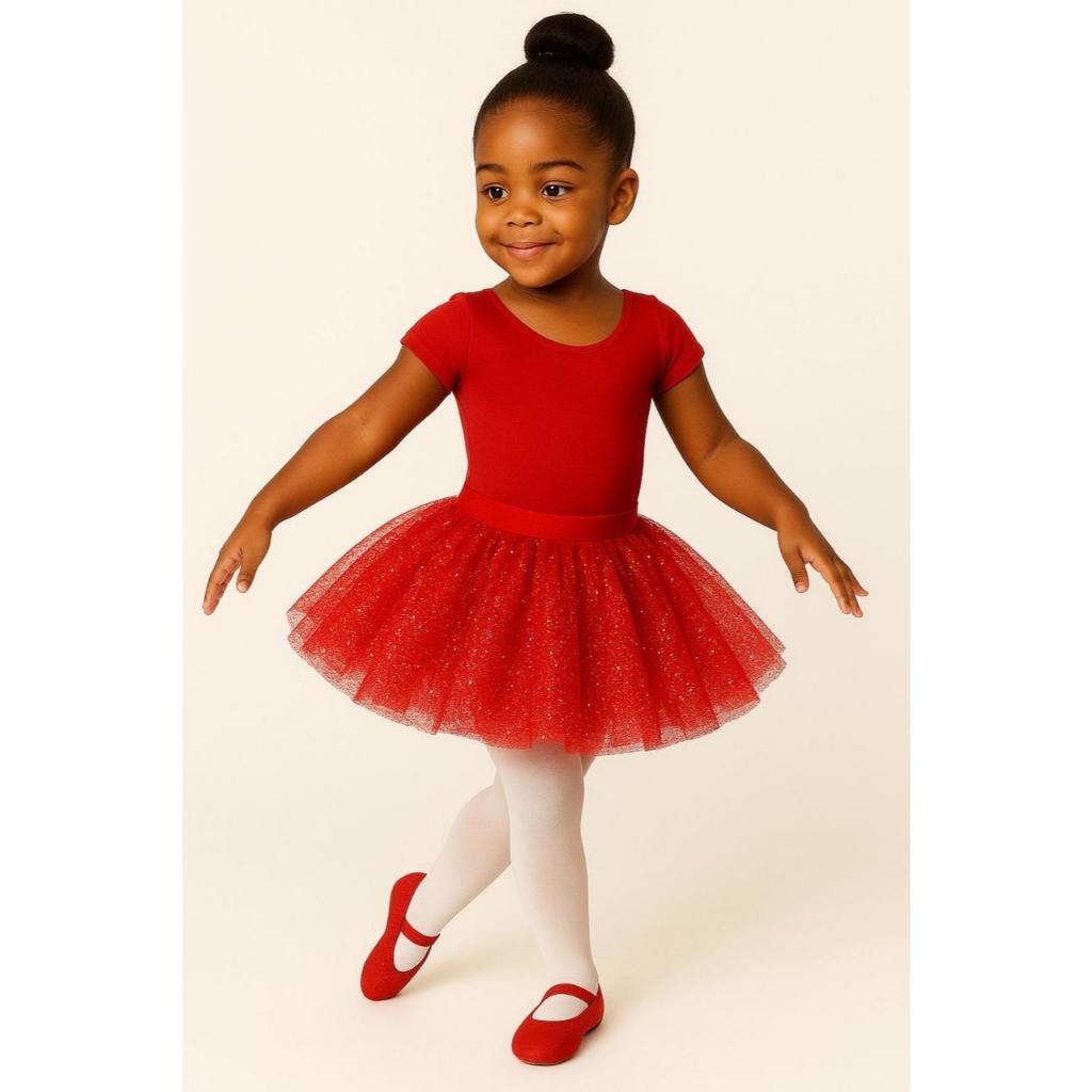 Kit 3 Itens - Collant COM MANGA + Saia de Tule COM GLITTER + Sapatilha (VERMELHO) em Oferta na Shopee