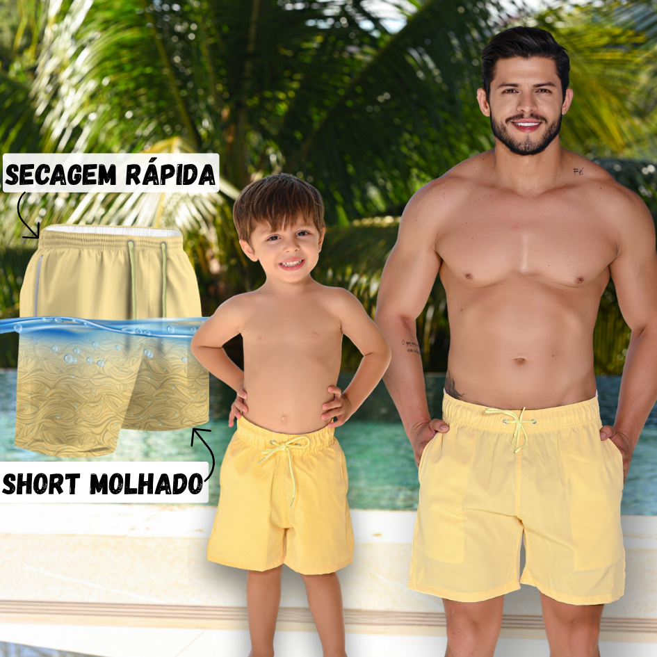 Short Mágico Kit Pai e Filho Amarelo  Secagem Rápida Moda Família Praia Piscina Verão