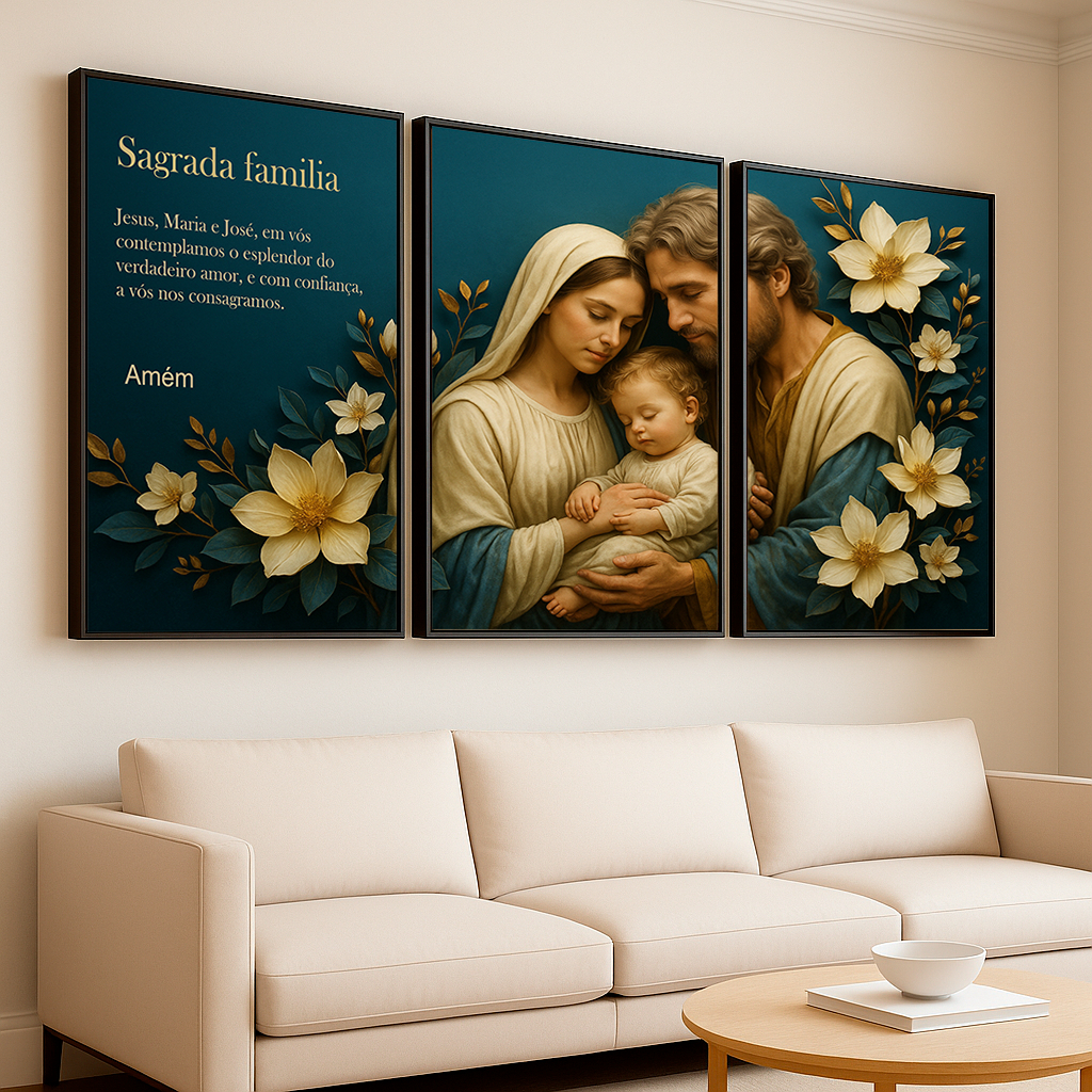 Quadro Sagrada Família 3 Peças com Oração - Maria, José e Jesus | Arte Cristã para Lar Abençoado em Oferta na Shopee