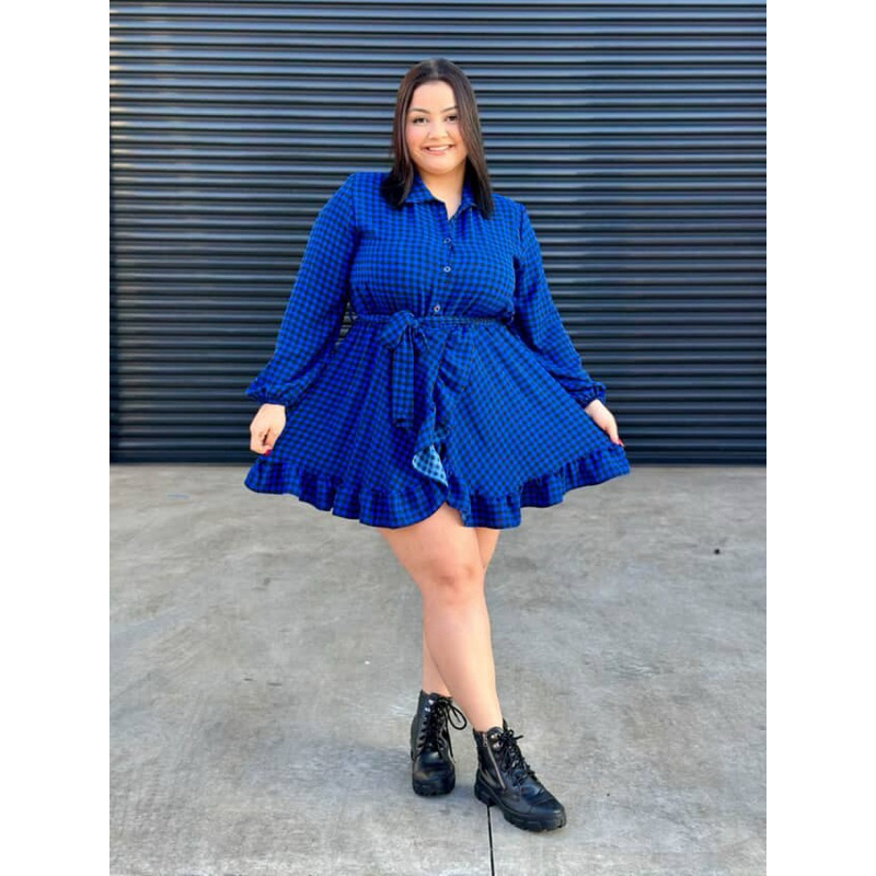 Macaquinho vestido Manga longa Botão plus size xadrez camisa moda inverno
