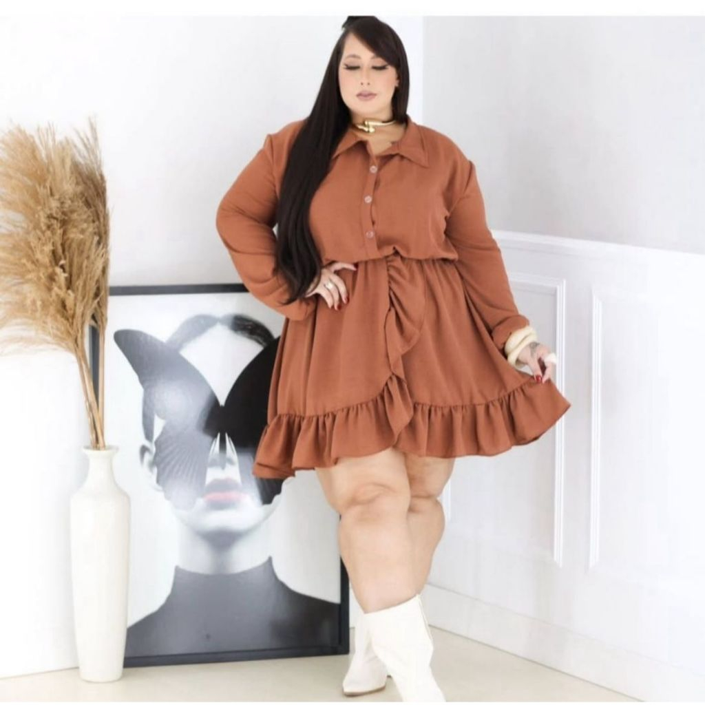Macaquinho vestido Manga longa Botão plus size xadrez camisa moda inverno