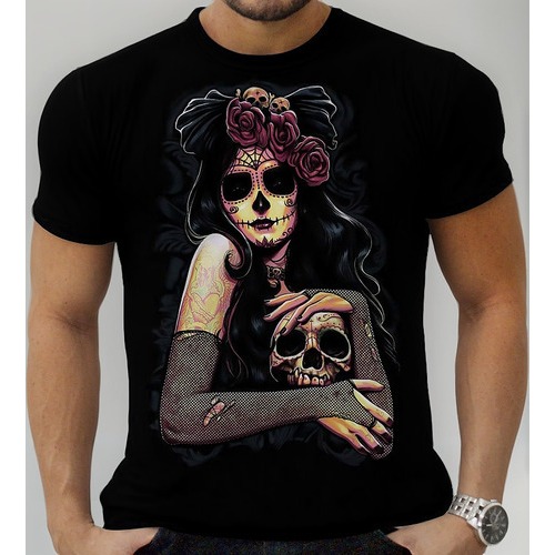 Camisa Camiseta Personalizado  Caveira Mexicana Tatuada  Linda Arte