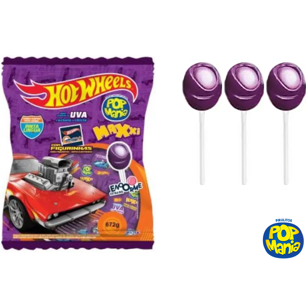 Pirulito Maxxi Hot Wheels uva  672g- c/24ud– Riclan | Com figurinhas colecionáveis-diversão em alta.