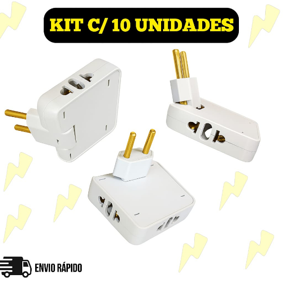 Kit Adaptador Tomada Benjamin Articulado Triplo Pino Plug 03 Saídas 10A (Branco/Preto)