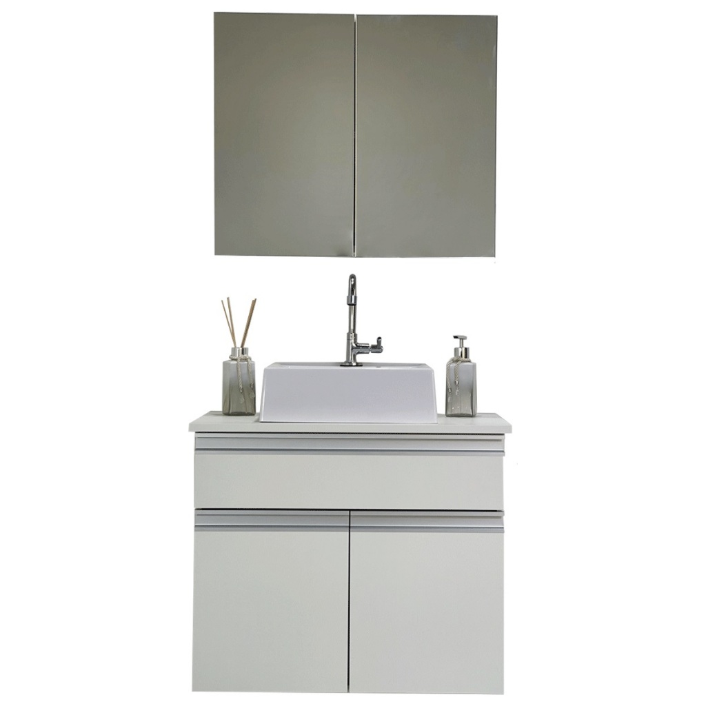 Kit Gabinete Banheiro Com Gaveta e Cuba + Aéreo com Espelho - 100% MDF - 60cm - MONTADO
