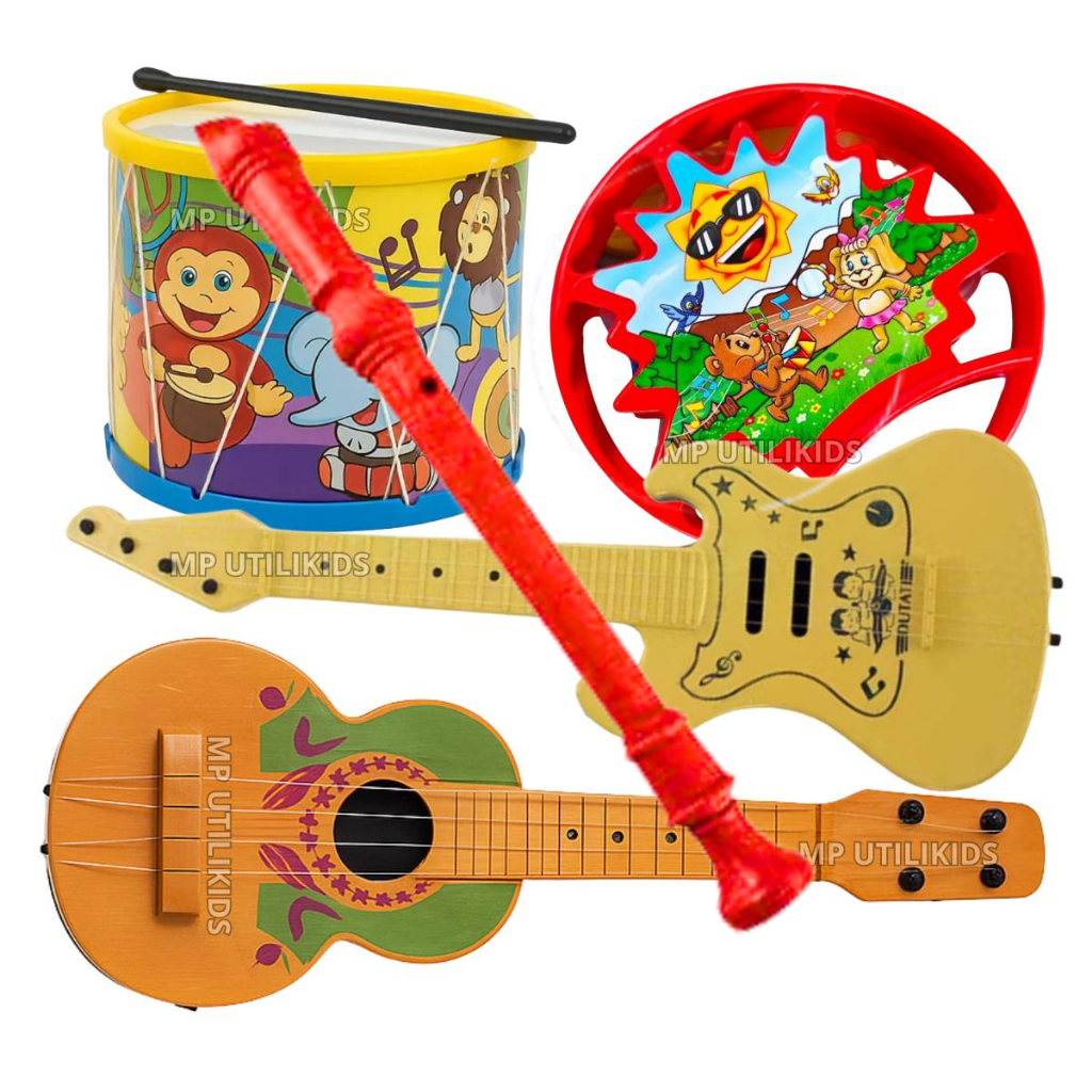 Brinquedo Bumbo Flauta Infantil 5 Itens Divertido Colorido Pandeiro Estrela Viola Criança NF