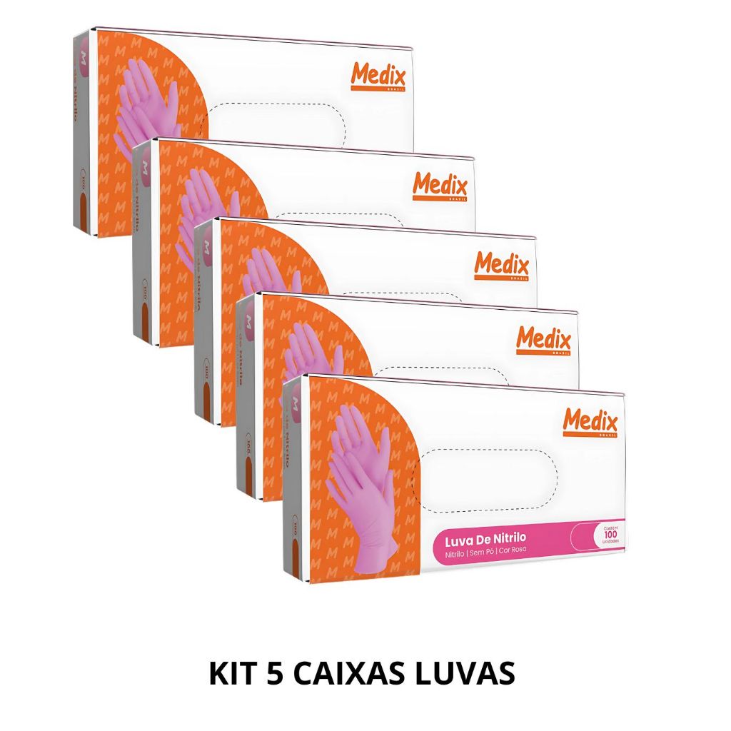 KIT 5 CAIXAS LUVA NITRILICA COR ROSA S/PÓ C/100 - MEDIX