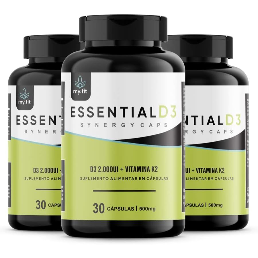 Kit 3x Essential D3 My Fit - Vitamina D (2000UI) + K2 (65 mcg) - Cápsulas Sinérgicas, 500mg