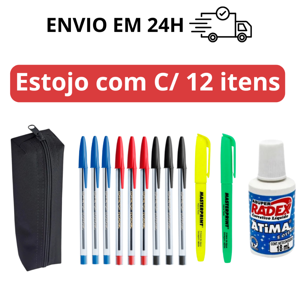 Imagem Kit Estojo Com Canetas Marca Texto e Corretivo  Escolar Completo Para Volta As Aulas, Escritório e Concursos