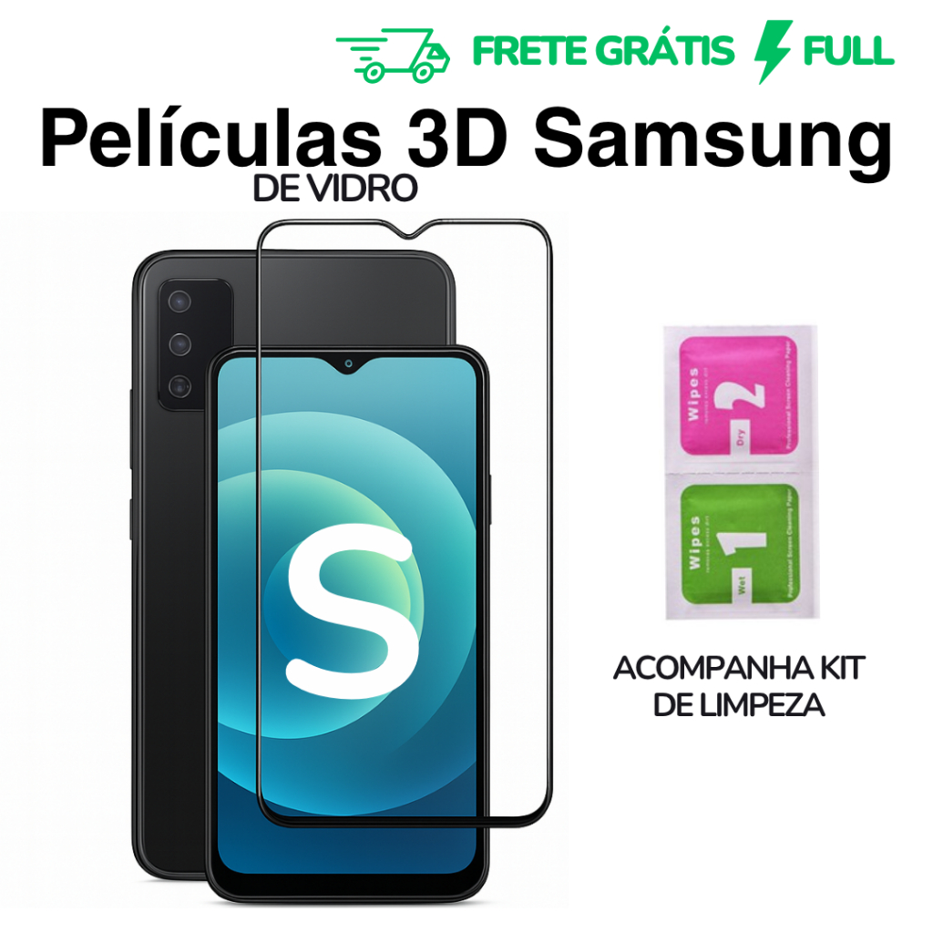 1 Película Samsung S e M de Vidro 3D p/ Todos Galaxy: S23 / S22 / S21 / S20 / M21 / M22 / M31/ Note