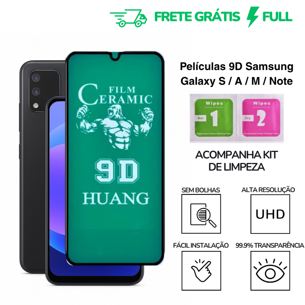 1 Película Samsung S e M cerâmica 9D para Todos Galaxy: S23 / S22 / S21 / S20 / M21/ M22 / M31/ Note
