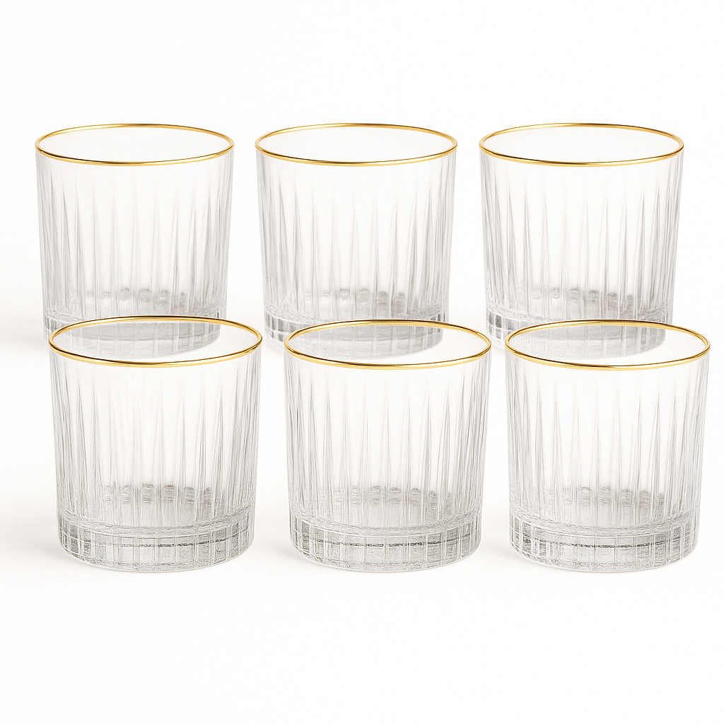 Jogo 6 Copos Baixo Com Borda Dourada Em Vidro 330ml Whisky