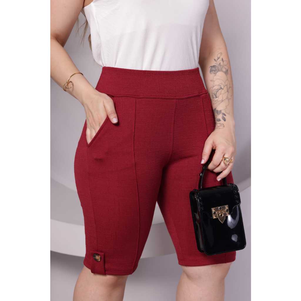 Bermuda Feminina Social Cintura Alta com Bolso e Botão Tecido Malha Jacquard