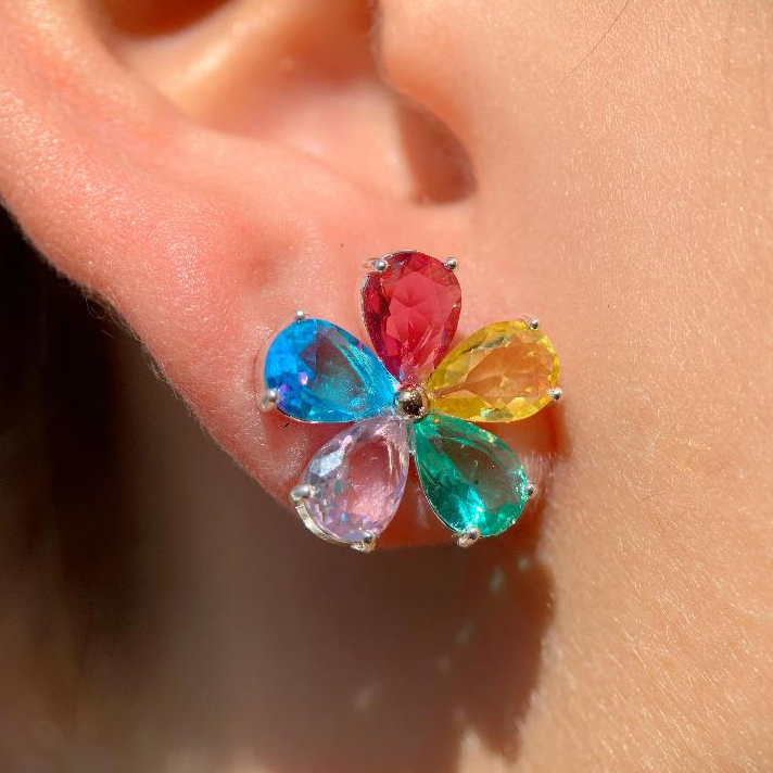 Brincos Feminino Flor Zircônia Colorida Antialérgico Prata 925 em Oferta na Shopee