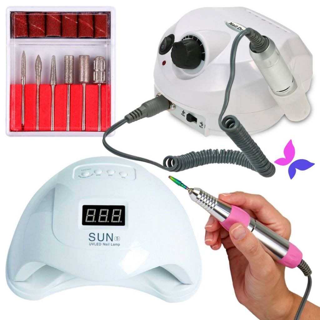 Kit Cabine Sun 5 Led Uv 48w Unha Gel + Motor Porquinho Lixa Lixadeira de Unhas Elétrica Profissional