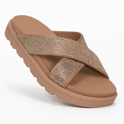 Sandália Vizzano Papete Rasteira Strass Tira Grossa 6459-122 Bege