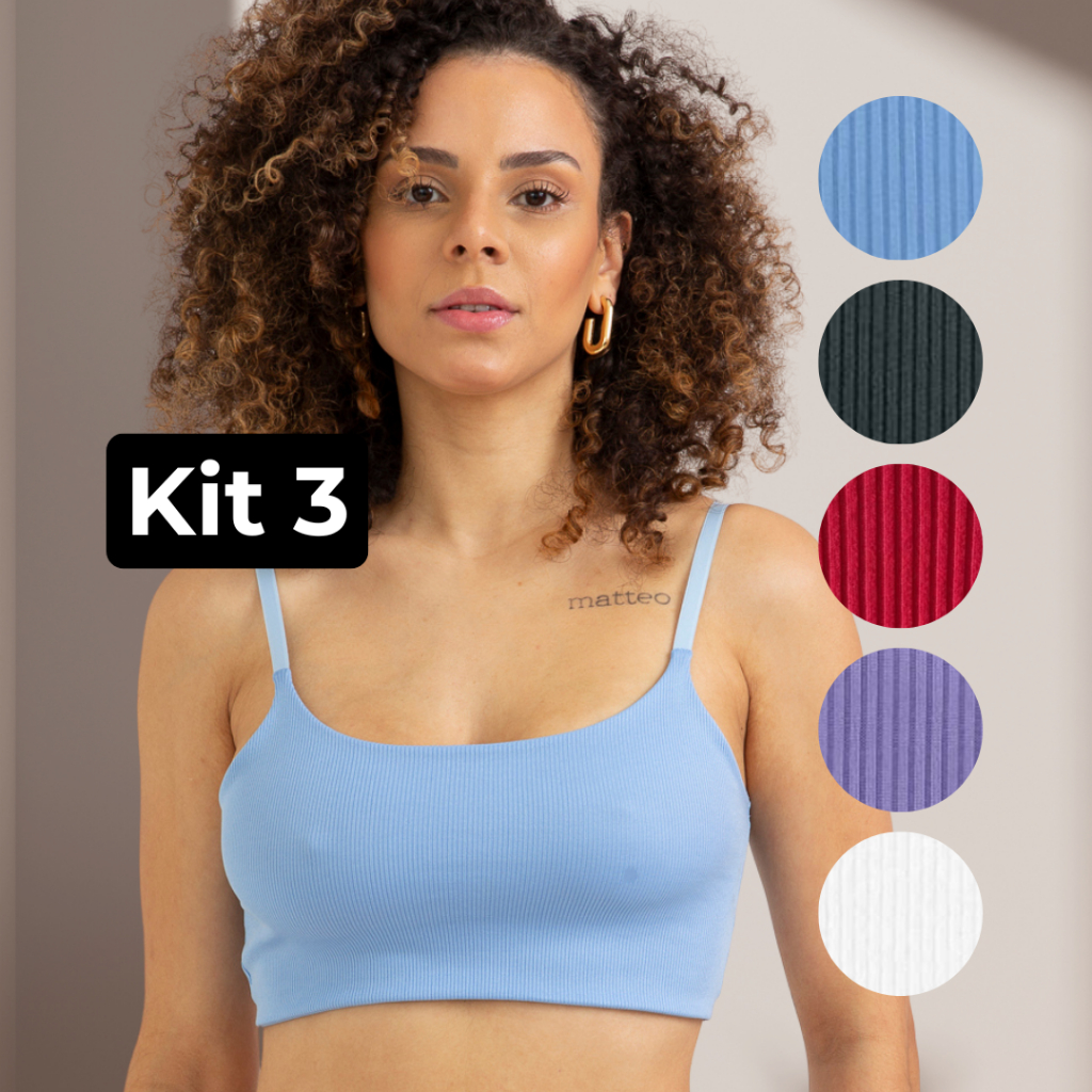 KIT 3 Top Sutiã Sem Bojo Feminino Canelado Sutian Confortável Toper Alcinha Feminino