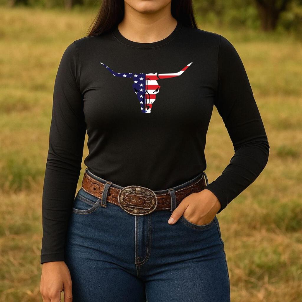 Camisa Uv Feminina Boi Estados Unidos Camisa Manga Longa Country