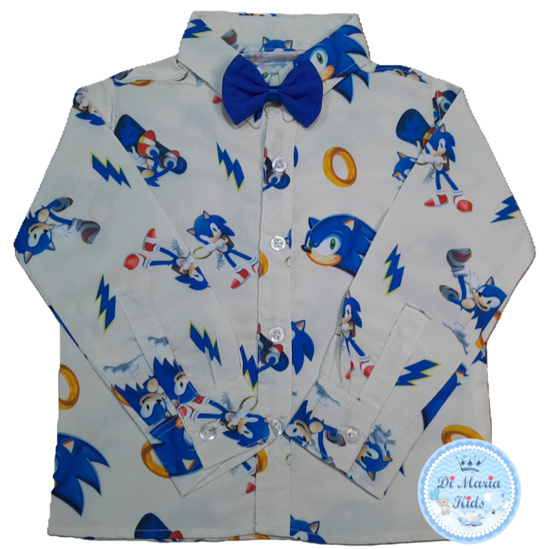 Camisa Temática Sonic Bege Infantil Social Manga Longa com Gravata Festa Bebe Personagem