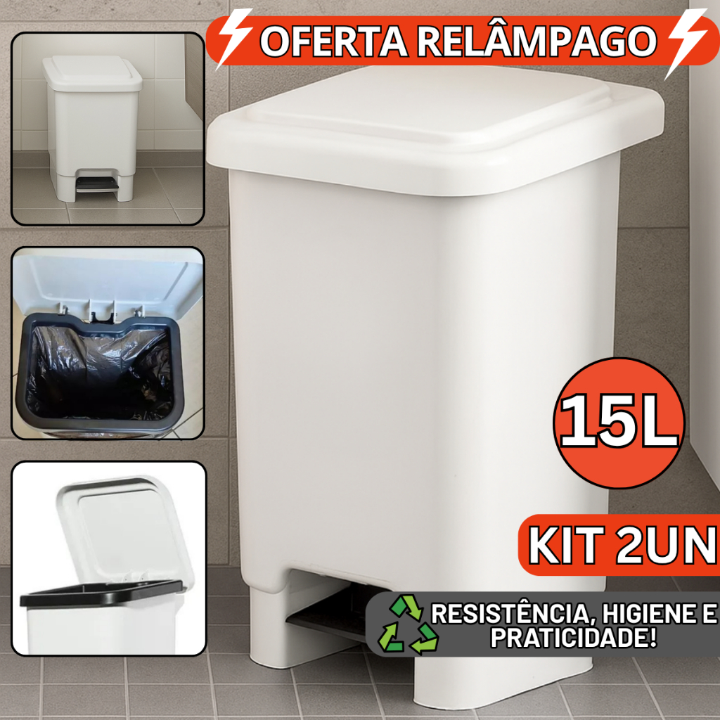 Kit 2 Lixeira 15 Litros com Pedal Cesto Reforçado Multiuso Para Banheiro Cozinha e Decoração