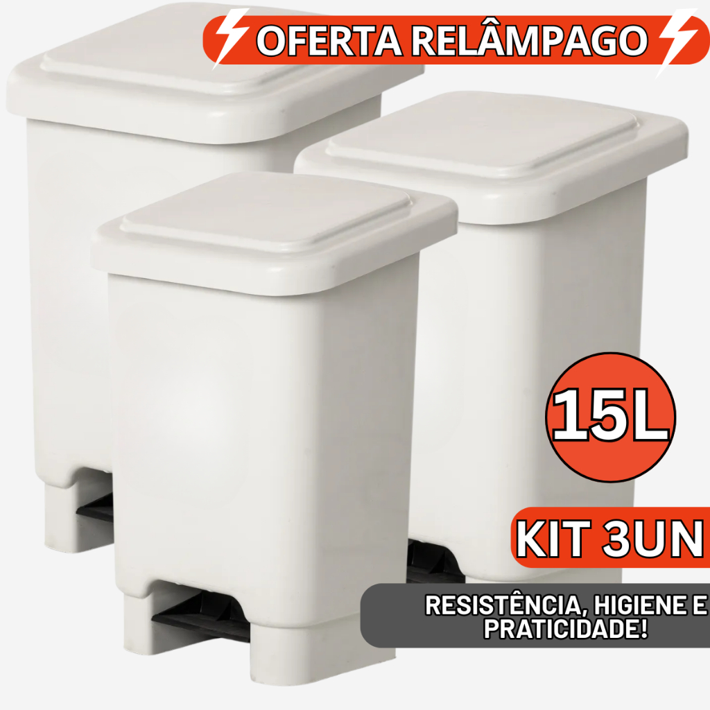 Kit 3Un Lixeira 15 Litros com Pedal Cesto Reforçado Multiuso Para Banheiro Cozinha e Decoração