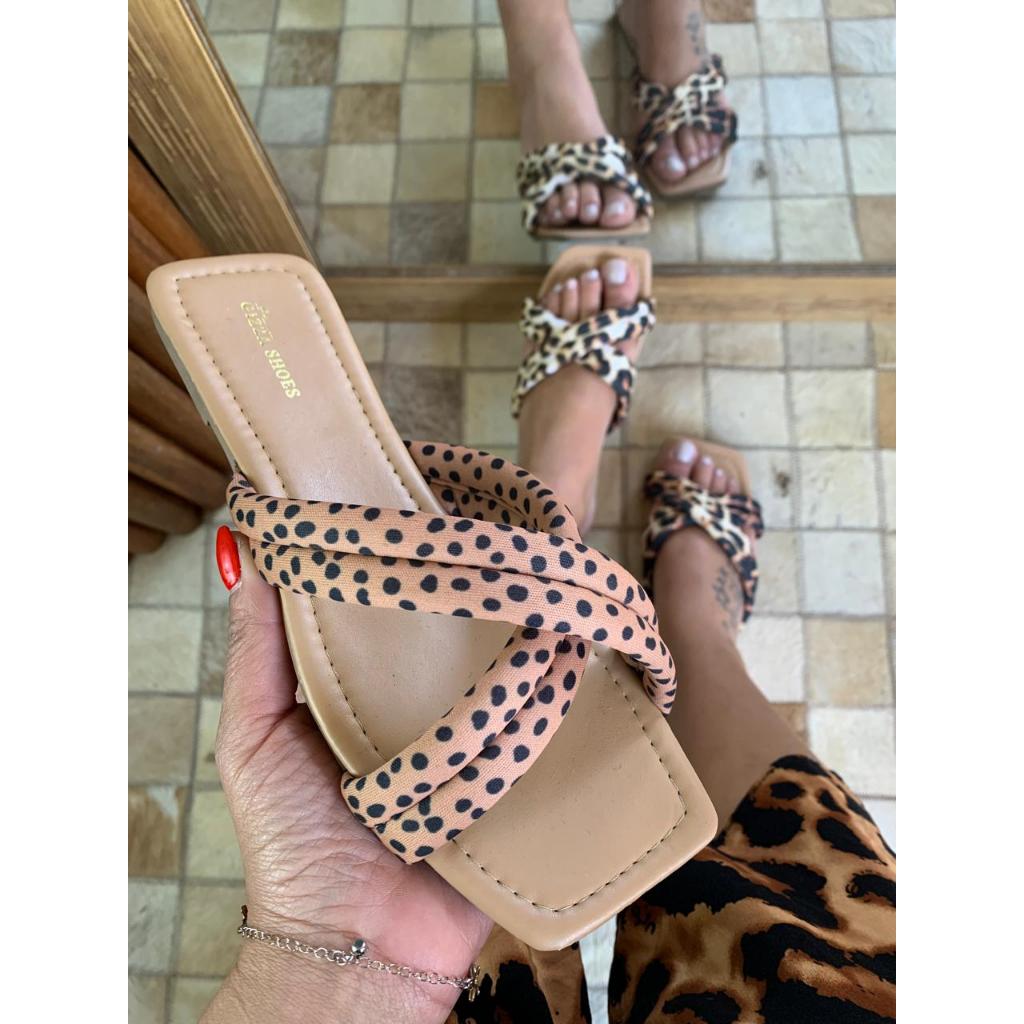Rasteirinha Feminina Tiras Trançadas Animal Print Chinelo Rasteira Onça Confortavel