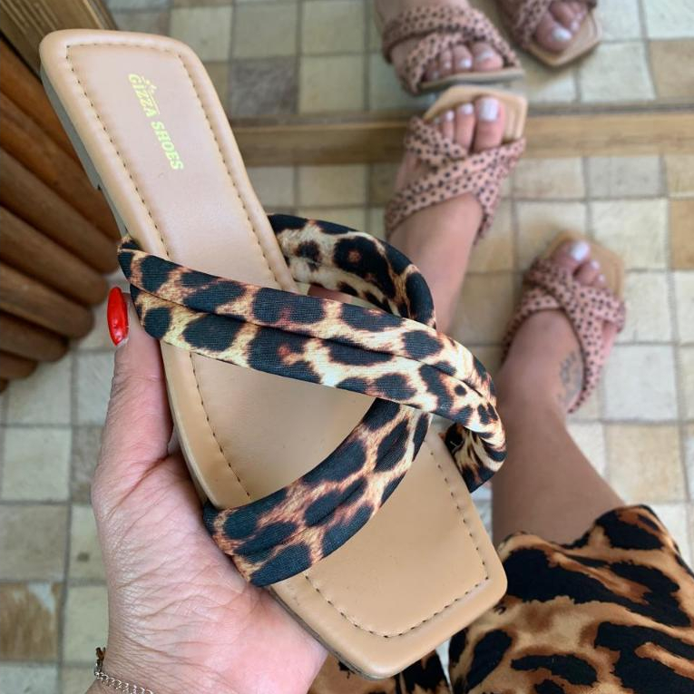 Rasteira Feminina Tiras Cruzadas Confortavel Rasteirinha onça