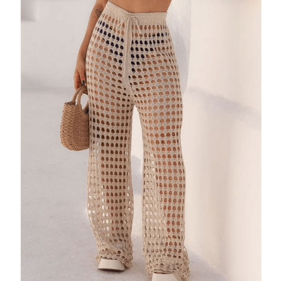 Saida de Praia Calça Pantalona Tricot Crochê Furadinha Moda Praia 2026