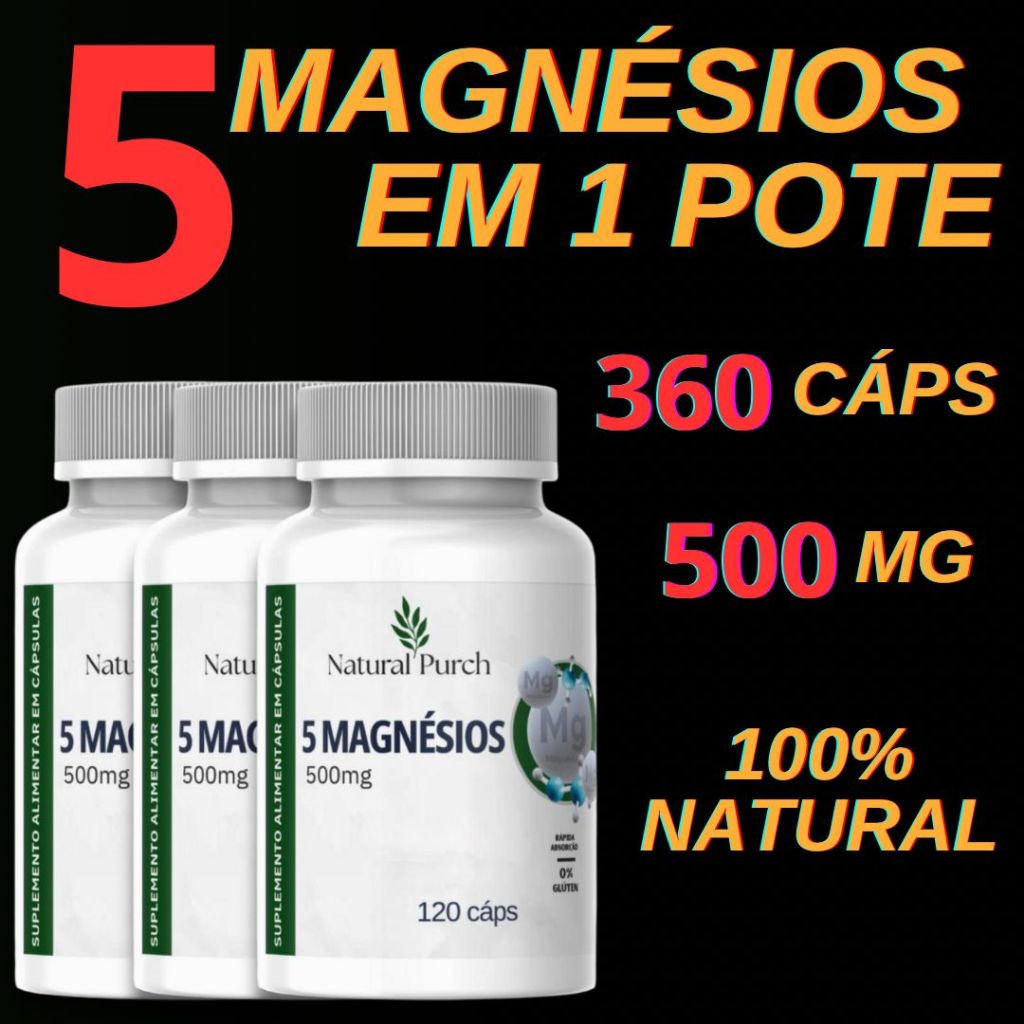 5 Magnésios 120 cápsulas de 500mg (magnésio Quelato, Malato, Turato, Citrato e Óxido